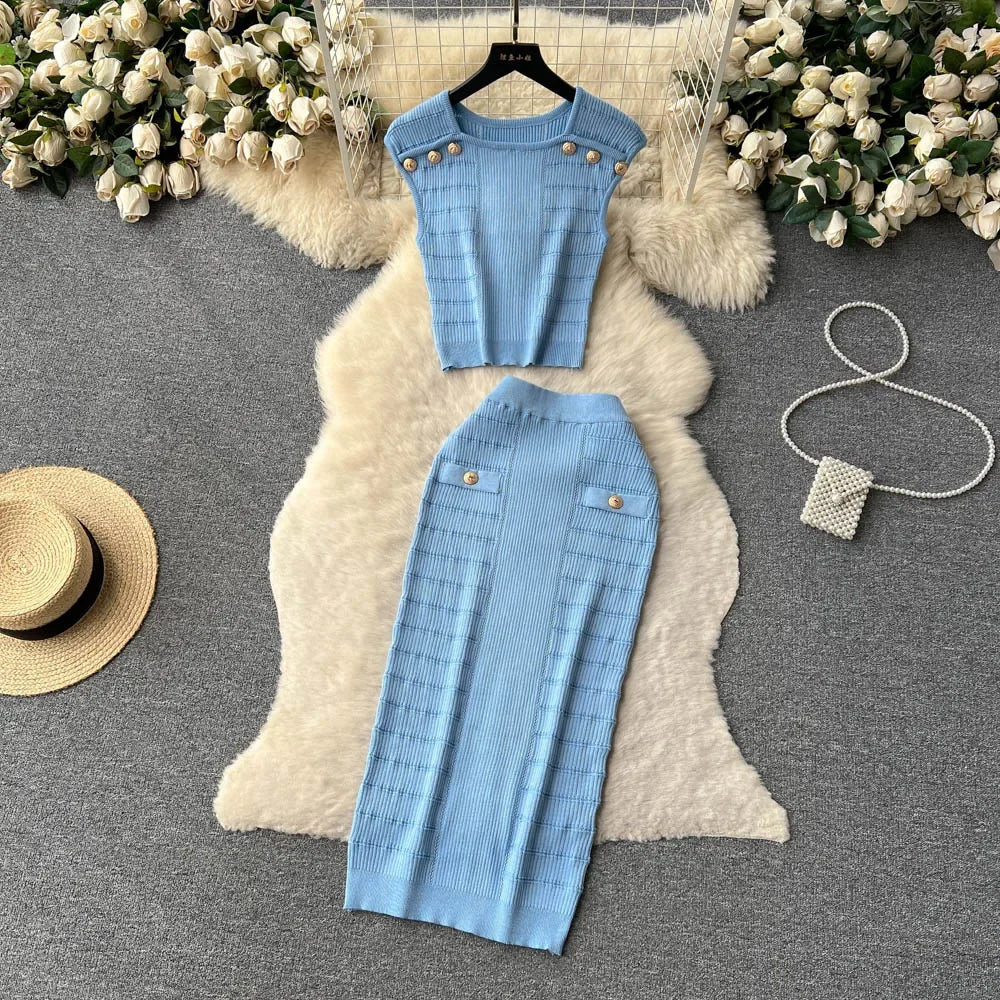 Knitted 2 Pcs. Buttons Crop Top Tanks + Slit Midi Skirt Set