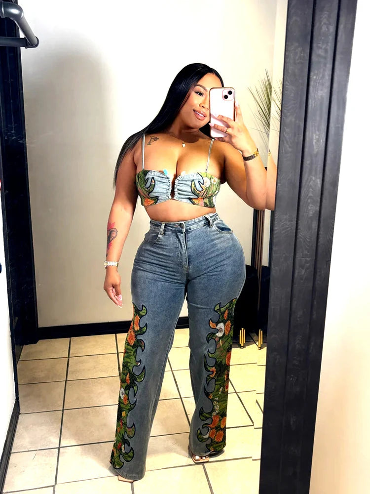 Denim Floral Printed Crop Top + Wide Leg Jeans Pant Sets