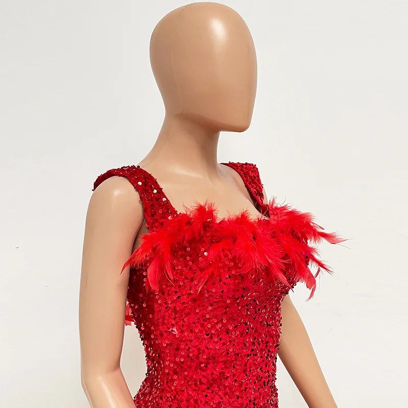 Short Sequins Halter Feathers Spicy Dresses