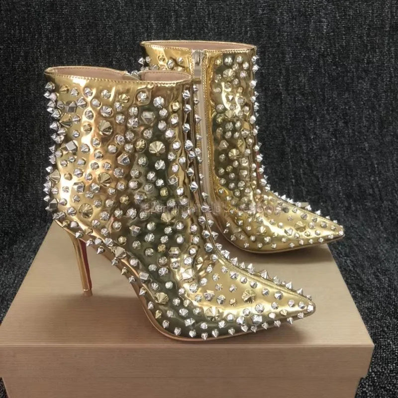 Denei Luxury Gold Leather Thin High Heel Ankle Boots