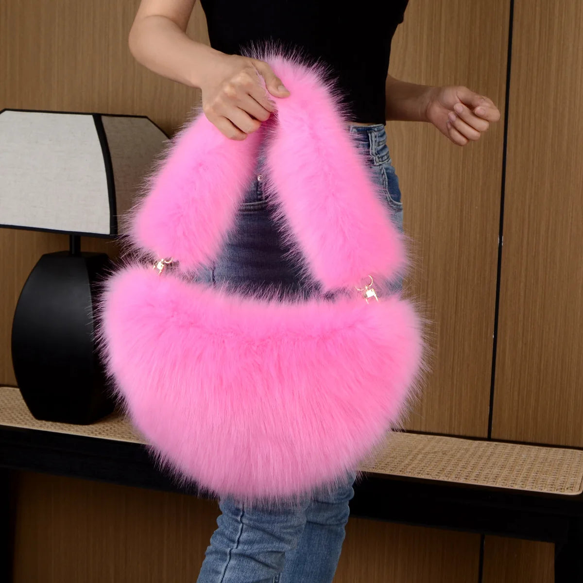 Trishanne Trendy Designer Soft Faux Fur Heart Shaped Shoulder Bags