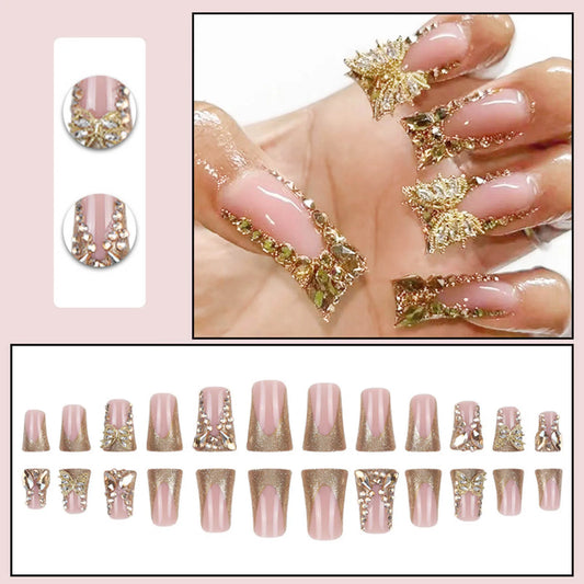 24pcs Duckbill Shaped Fake Nails Gold Butterfly Rhinestone Design False Nail Tips Wearable Full Cover French Press on Nails