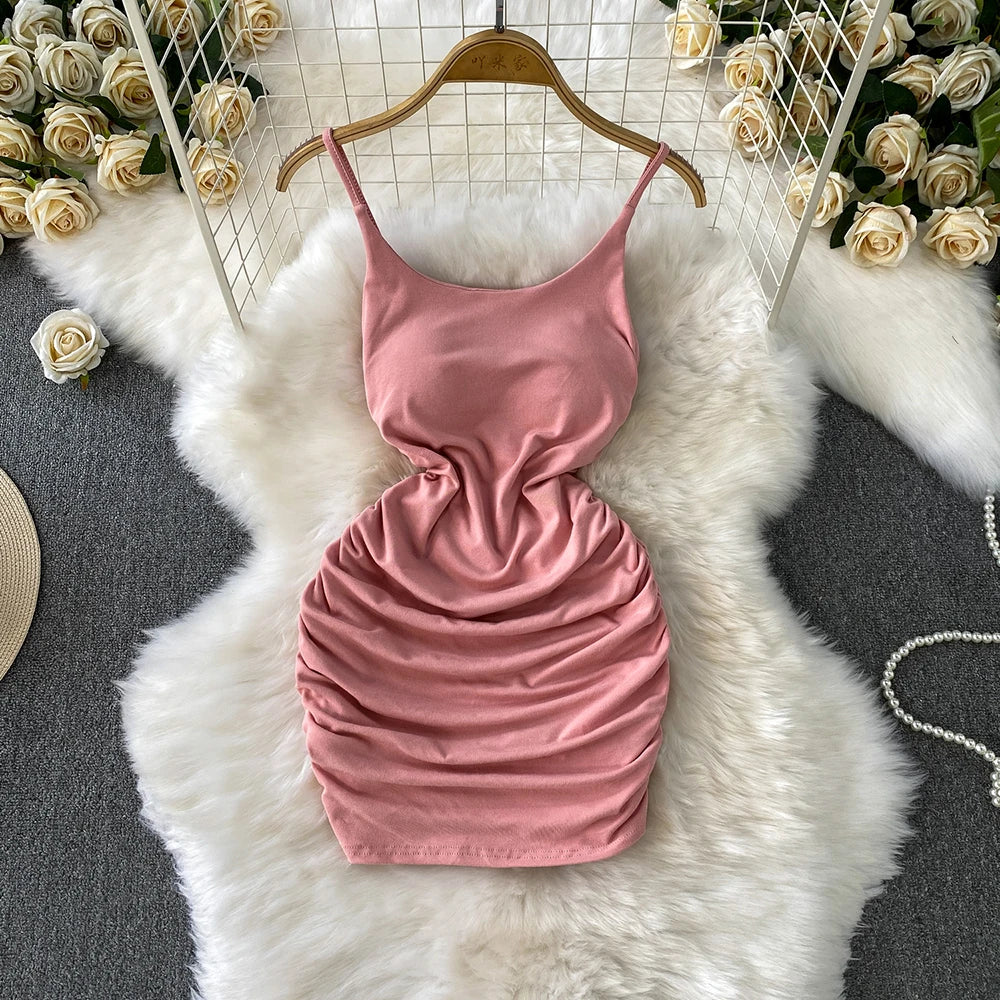 Spaghetti Strap Pleated Temperament Mini Dresses