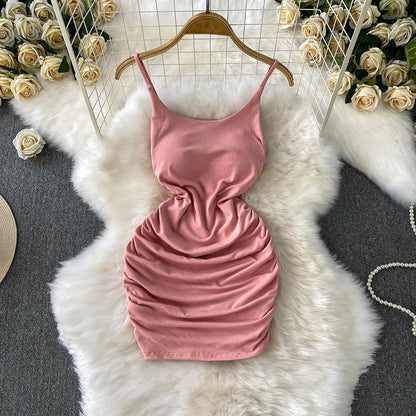 Spaghetti Strap Pleated Temperament Mini Dresses