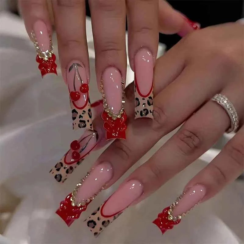 24Pcs Long Square Press on Nails Leopard Print French 3D Cherry Design False Nail Rhinestone Wearable Full Cover Fake Nails Tips