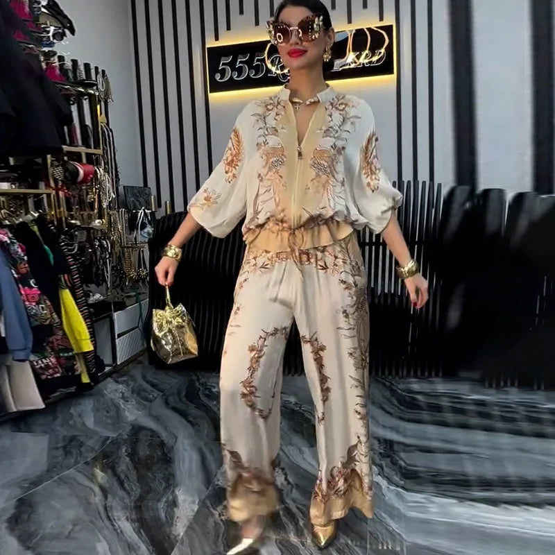 Flower Print Top + Drawstring Trousers Two-piece Suits