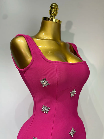 Crystal Sleeveless Square Collar Bodycon Mini Bandage Dresses