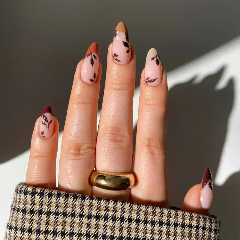 24Pcs Autumn Winter Matte Almond False Nails with Glue Rose Leaf Printing Nail Art Simple Full Cover Press on Acrylic Nails Tips