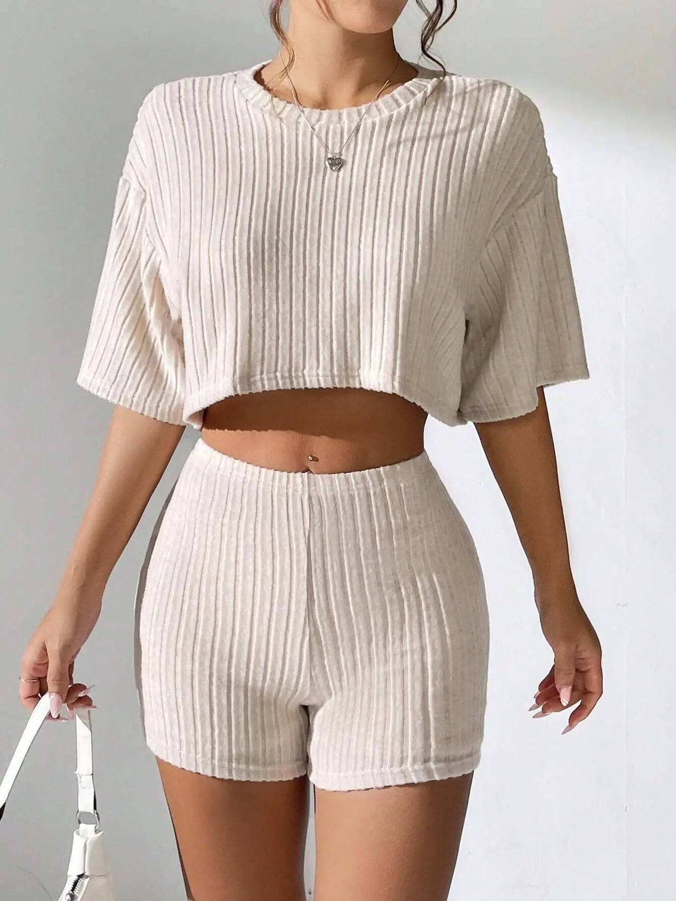 Stretchy Solid Cropped Crew Neck T-Shirt Top + Short Sets