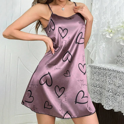 Satin Floral Print Comfortable Spaghetti Strap Nightdress