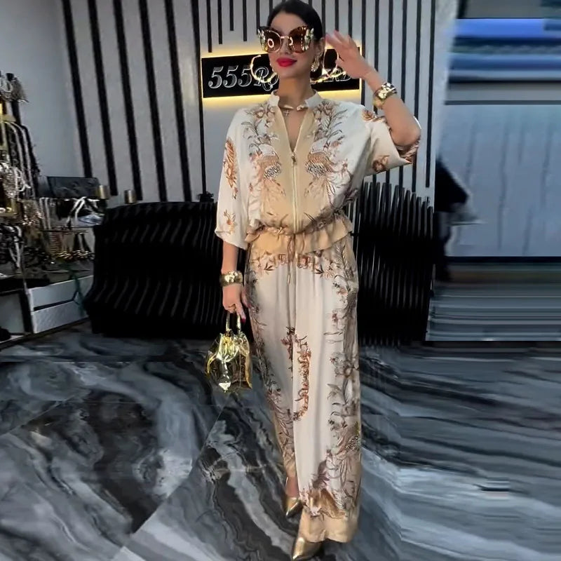 Flower Print Top + Drawstring Trousers Two-piece Suits