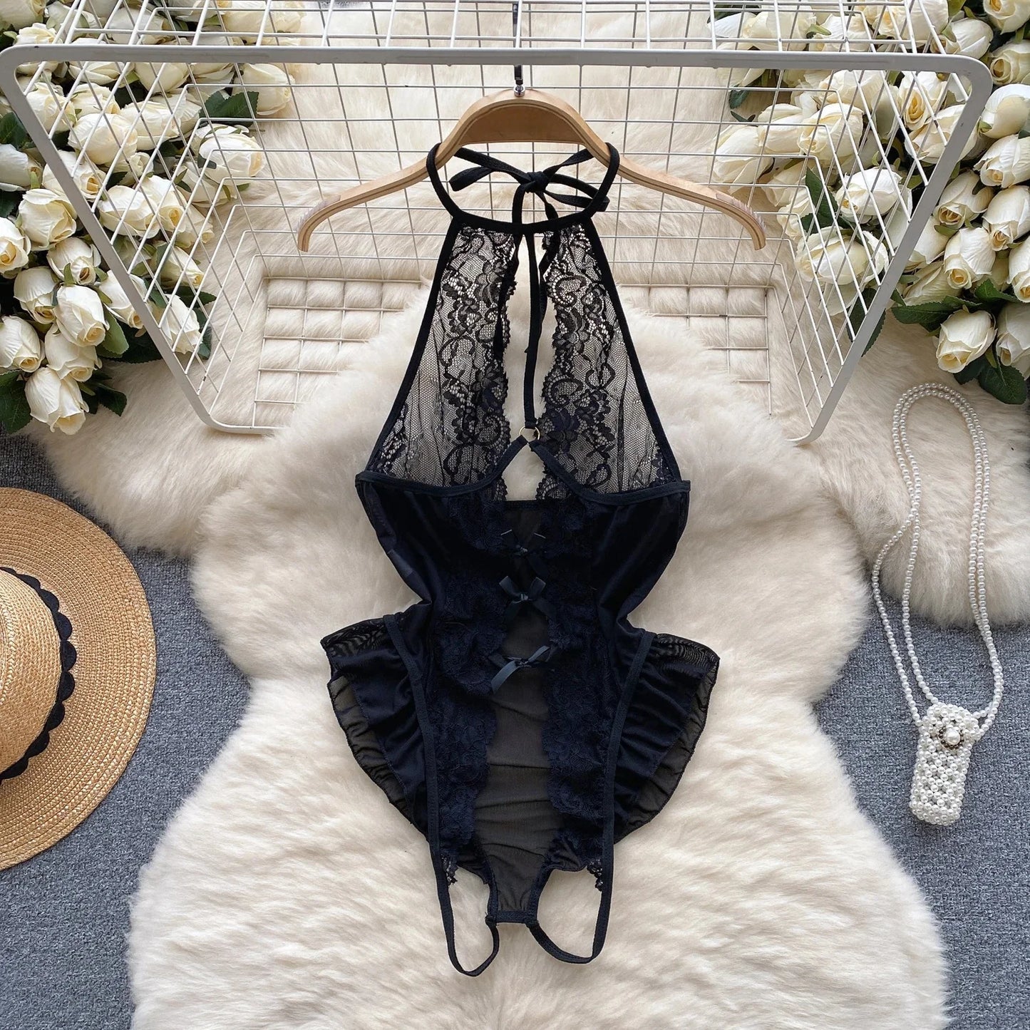 Satin Comfortable Strap Lace Spliced Sheer Lingerie