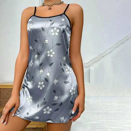 Satin Floral Print Comfortable Spaghetti Strap Nightdress