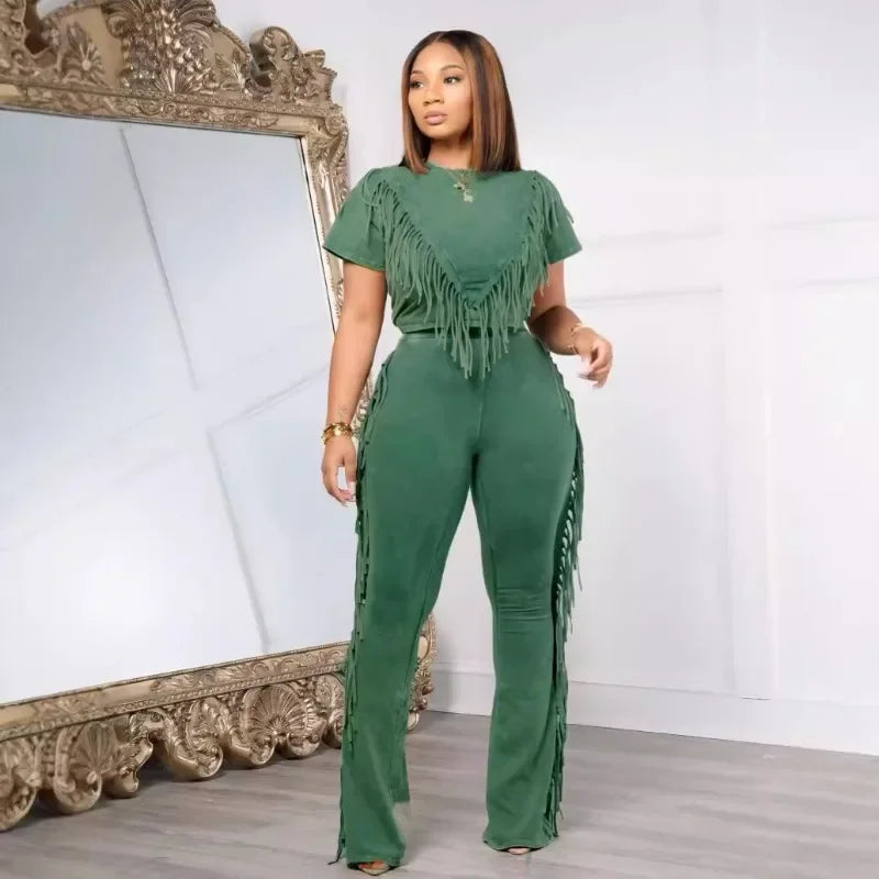 Nyla Solid Tassel 2 Piece Set Short Sleeve T-shirts Crop Top + High Waist Flare Pants Tracksuits