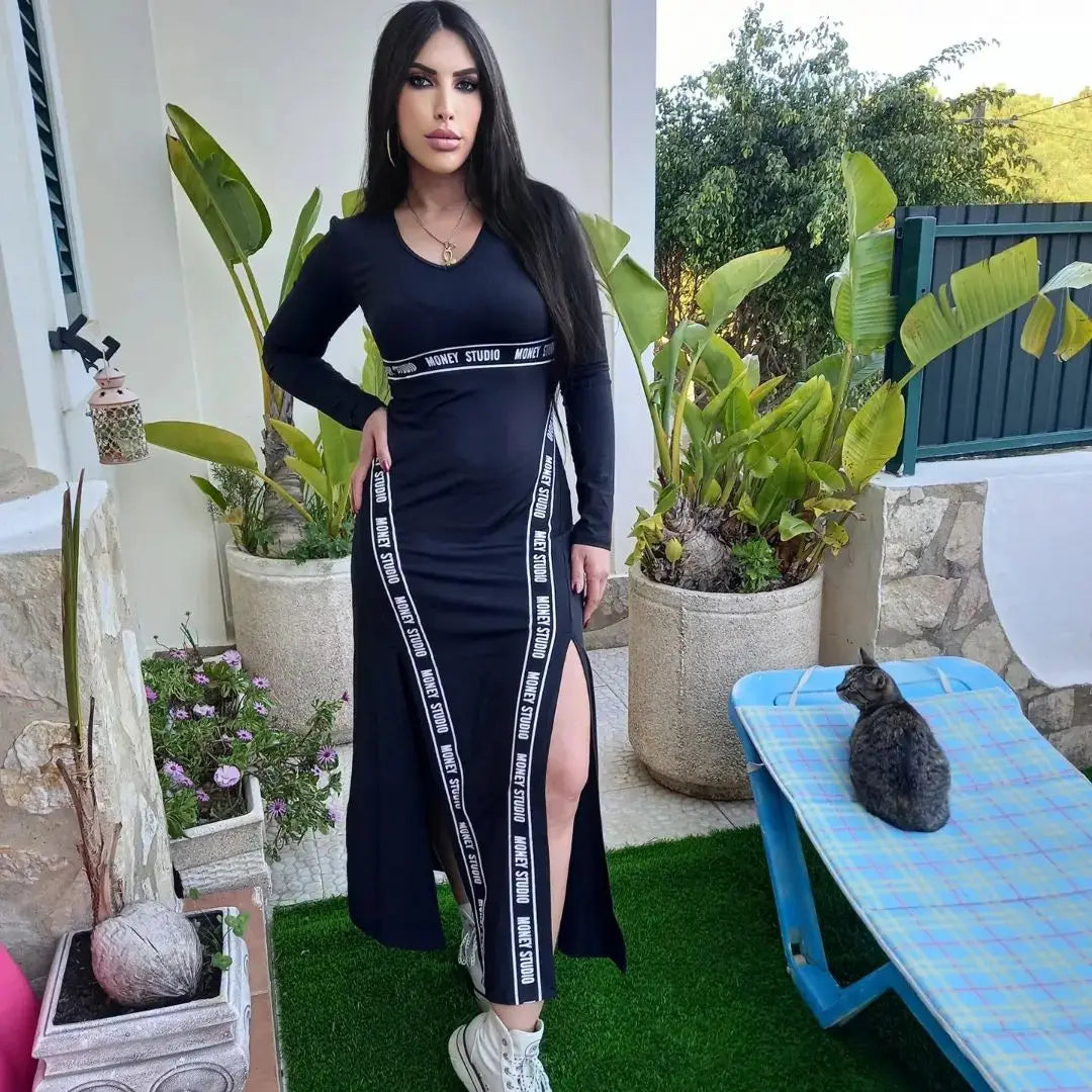 Long Sleeves Sports Dress Round Neck Skinny Split-side Long Dresses Letter Printed High Waisted Dress