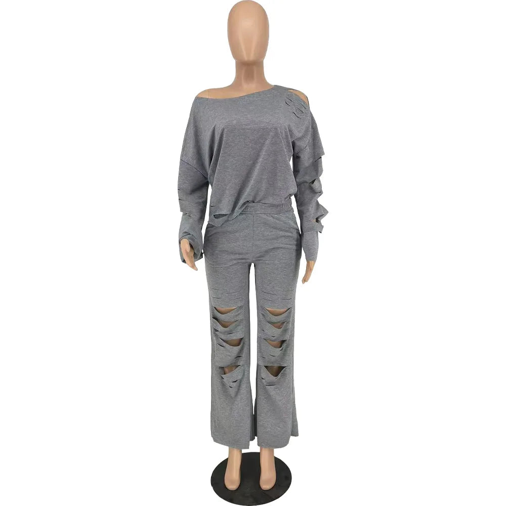 Oliva's Round Neck Pullover Hole Solid Pant Sets