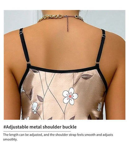 Satin Floral Print Comfortable Spaghetti Strap Nightdress