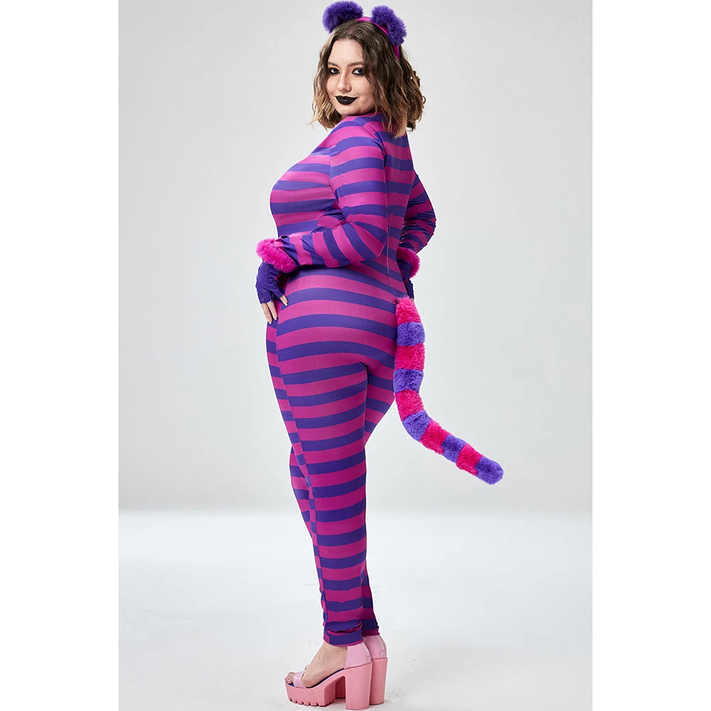 Plus Size Halloween Costume Purple Long Sleeve Stripe Cosplay Kitten Knitted Jumpsuit (With Headwear And Gloves)