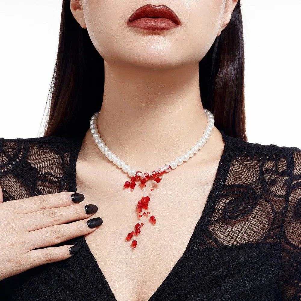 Halloween Gothic Imitation Pearl Blood Drop Necklace