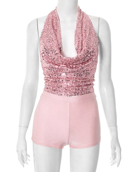 Halter Bandage Swing Collar Tank Tops + Short Sets