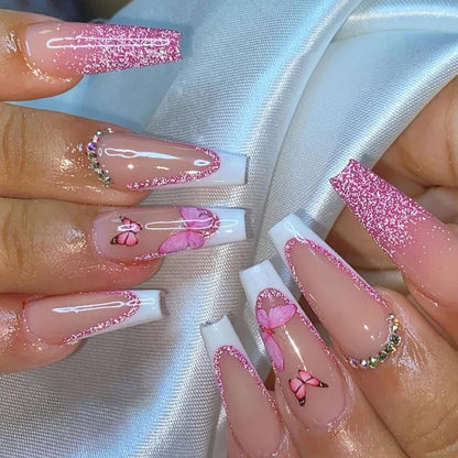 24Pcs Simple White French Press on Nails with Glue Long Ballet False Nails Wearable Coffin Fake Nails Full Cover Nail Tips