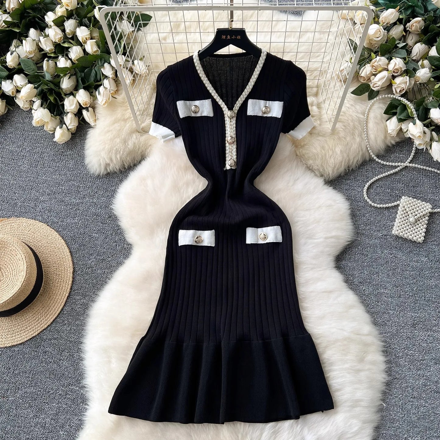 Mermaid V-neck Button Ribbed Knitted Dresses