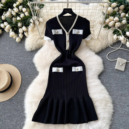 Mermaid V-neck Button Ribbed Knitted Dresses