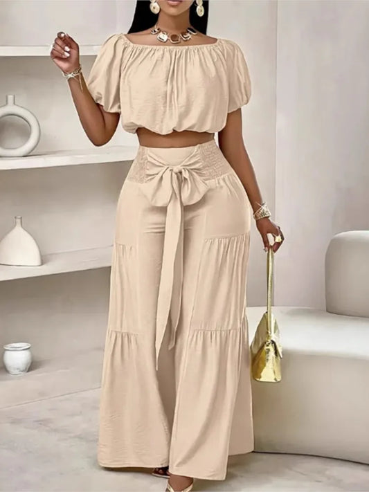 Puff Sleeve O Neck Tops + High Waist Wide Leg Pants (2 Pcs.)