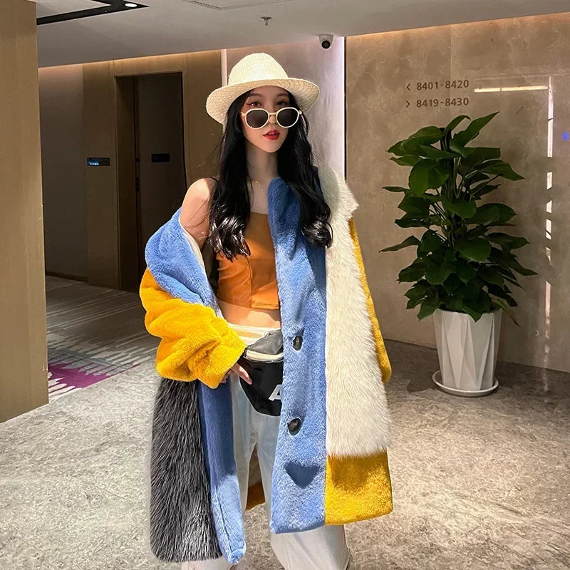 Winter Faux Fur Jackets for Women Furry Warm Splicing Contrast Color Blue Faux Fur Coat Long Jacket Cardigan Women