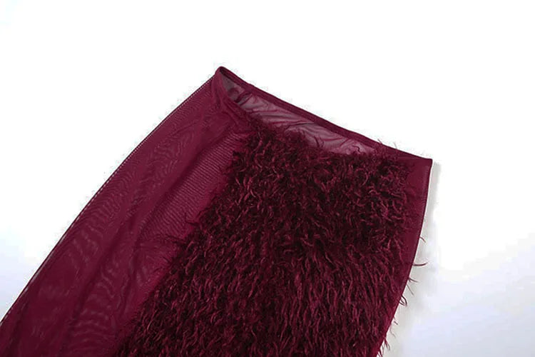 Coquette See Through 2-Piece Set Bodysuit + Furry Split Skirt Stretch Skirt Sets