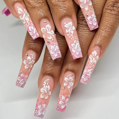 24Pcs Long Square Press on Nails Leopard Print French 3D Cherry Design False Nail Rhinestone Wearable Full Cover Fake Nails Tips
