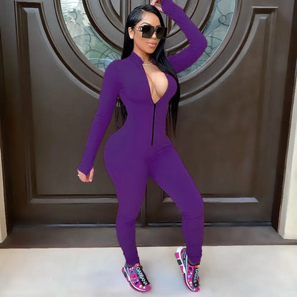 Deep V Bodycon Rompers Womens Jumpsuit Sport Suit Fashion Zip Up Long Pants Overalls Fitness Set