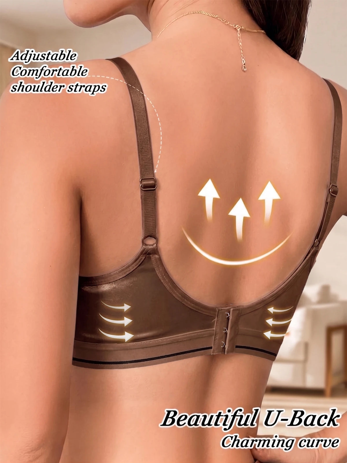 Underwire Push-Up Bra Glossy Satin U-Back Support Adjustable Straps Anti-Sagging Everyday Lingerie