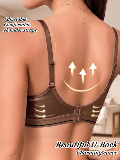 Underwire Push-Up Bra Glossy Satin U-Back Support Adjustable Straps Anti-Sagging Everyday Lingerie