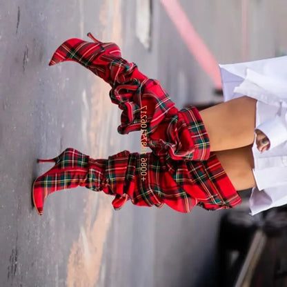 Plaid Over Knee Pointed Model Catwalk Stilettos Boots
