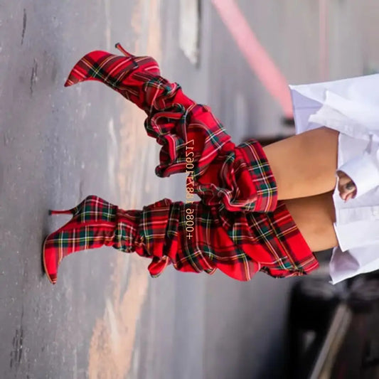 Plaid Over Knee Pointed Model Catwalk Stilettos Boots
