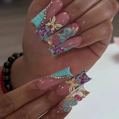 24Pcs Long Ballet False Nails Pink Butterfly with Rhinestones French Design Wearable Fake Nails Glitter Press on Nails Tips Art