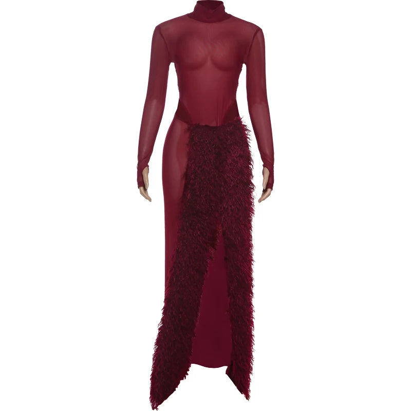 Coquette See Through 2-Piece Set Bodysuit + Furry Split Skirt Stretch Skirt Sets