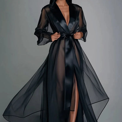 Sheer Long Sleeve Lace Up Robe Maxi Dress (Elegant)