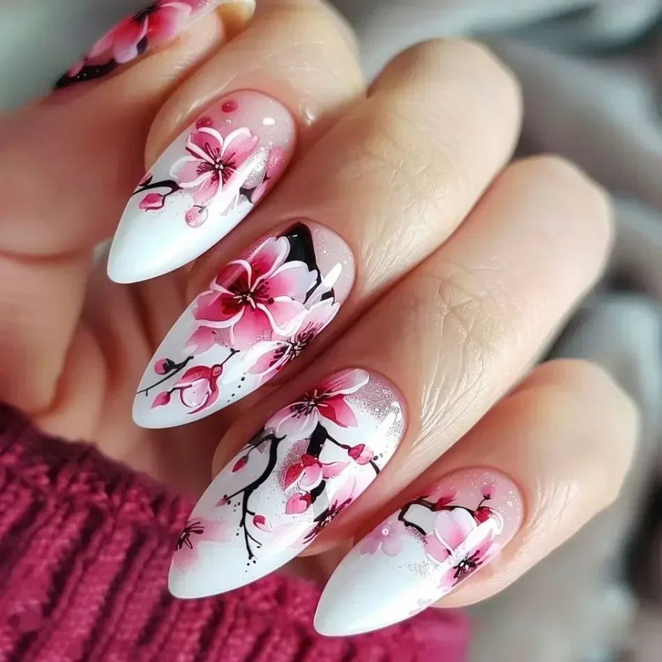 24Pcs Autumn Winter Matte Almond False Nails with Glue Rose Leaf Printing Nail Art Simple Full Cover Press on Acrylic Nails Tips