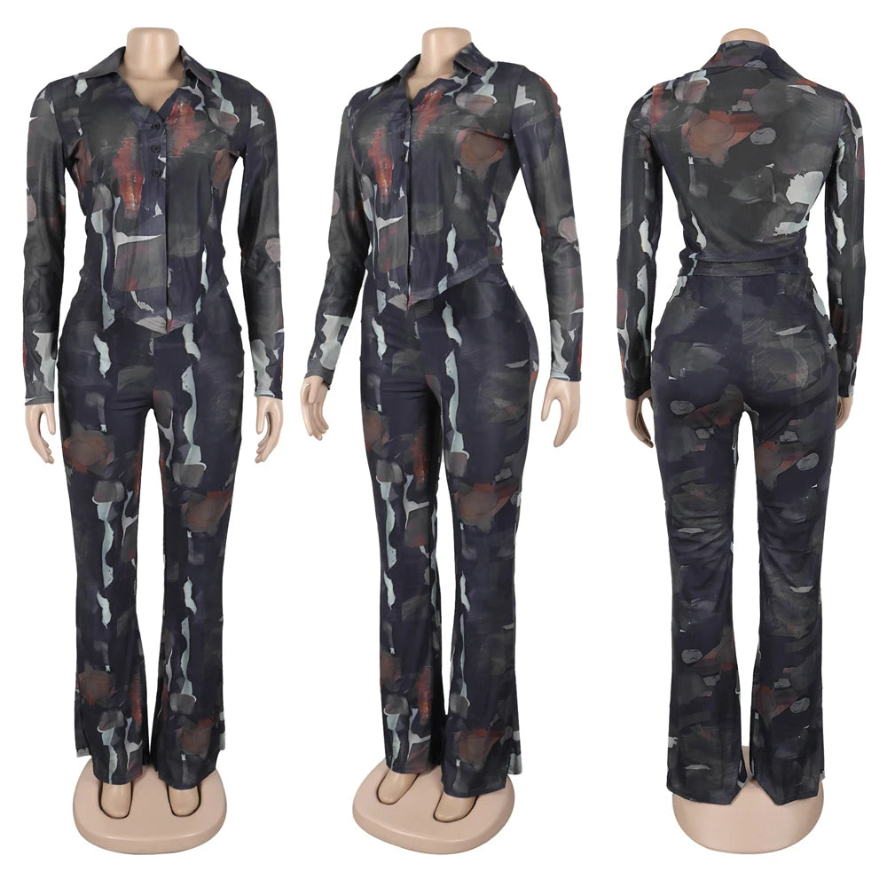 Tie Dye Long Sleeve Lace-up Shirts + Flared Pants Sets