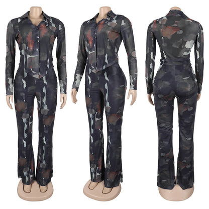 Tie Dye Long Sleeve Lace-up Shirts + Flared Pants Sets