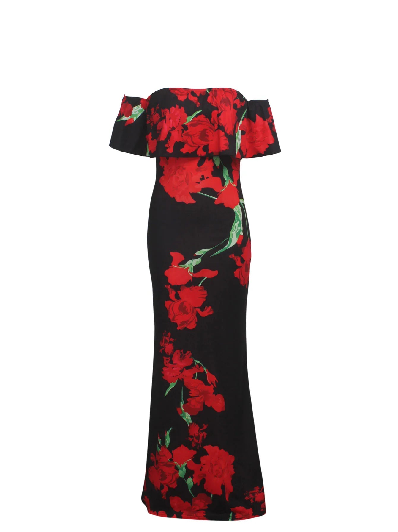 Rose Sunflower Floral Print Strapless  Bodycon Slash Neck Off Shoulder Short Sleeve Polyester Xtra Maxi Dress