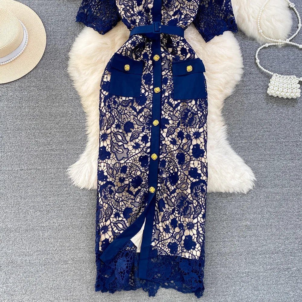 Floral Lace Dress V Neck High Waist Maxi Dresses