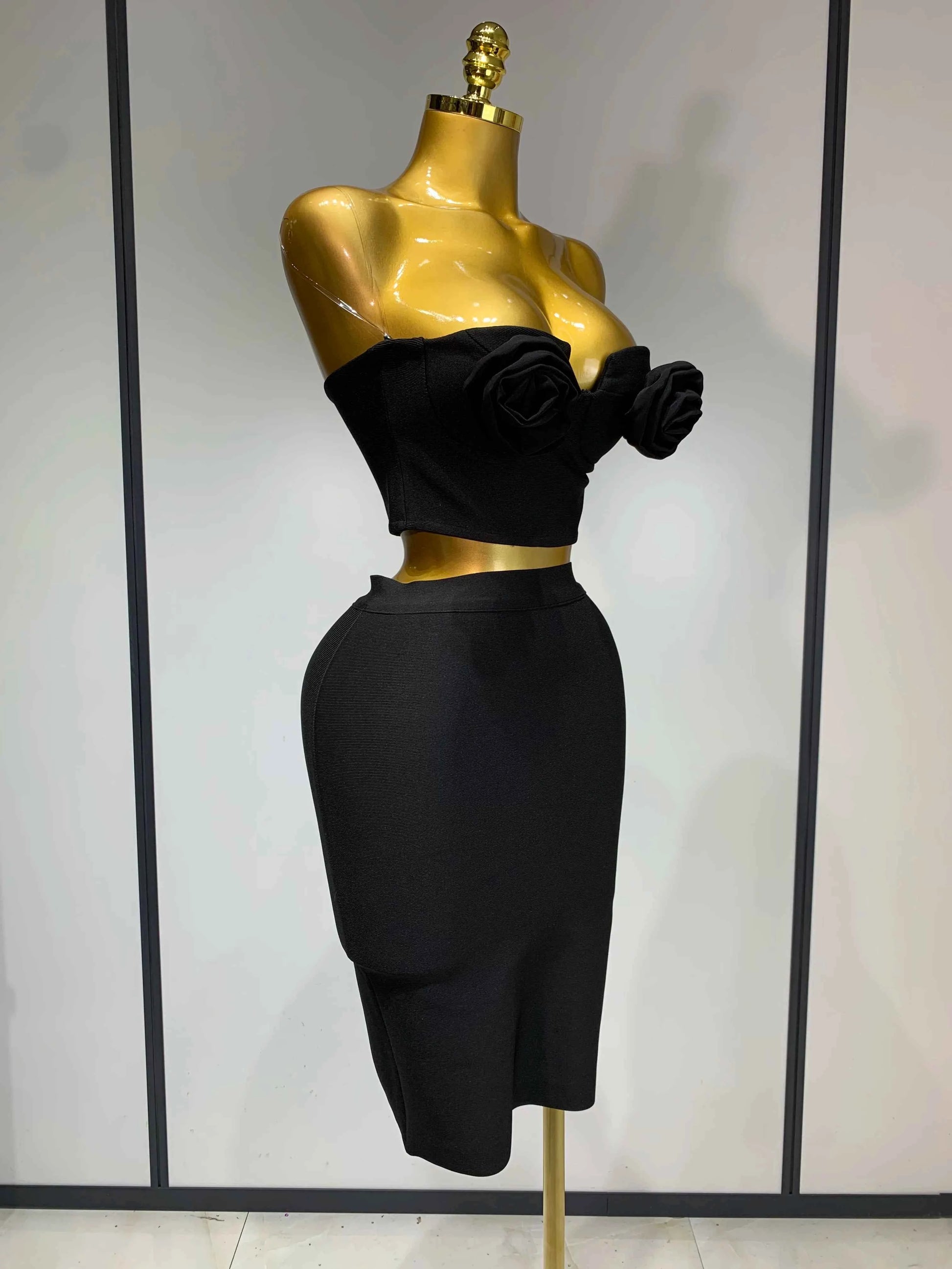 New Arrival 3D Flower Black Bodycon Bandage Designer High Waist Skirt Set