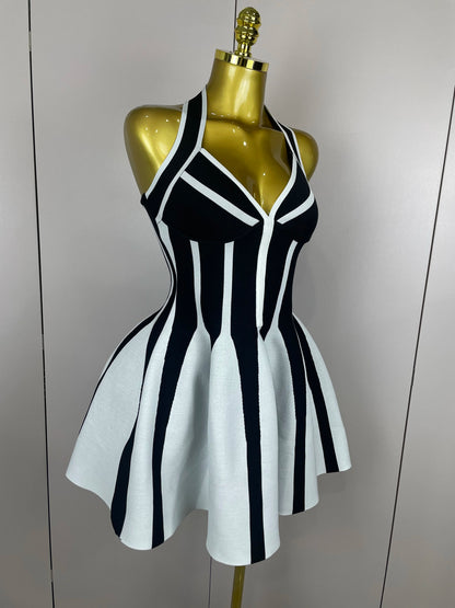 Celebrity Elegant Evening  Backless Black White Stripes Halter Bandage A Line Mini Dresses