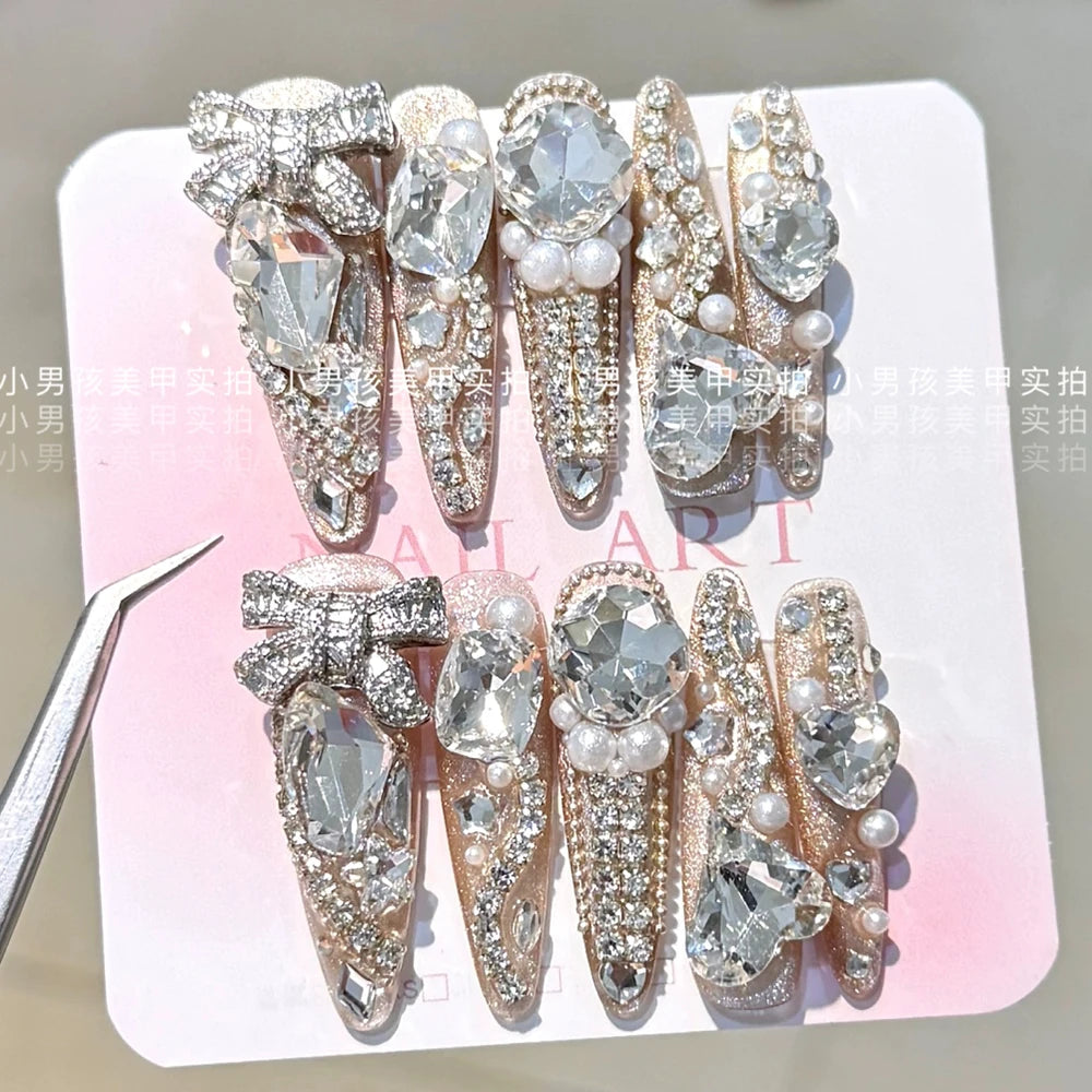 10Pcs Luxury Court Handmade Long Stiletto Full Cover Nails 3D Spice Girl Sparkling Diamond Bow Pearl Flowers Wearable Fake Nails