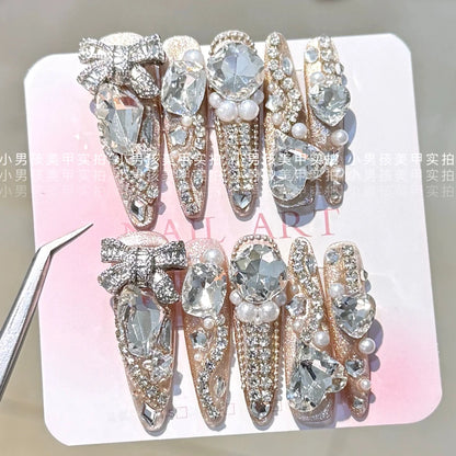 10Pcs Luxury Court Handmade Long Stiletto Full Cover Nails 3D Spice Girl Sparkling Diamond Bow Pearl Flowers Wearable Fake Nails