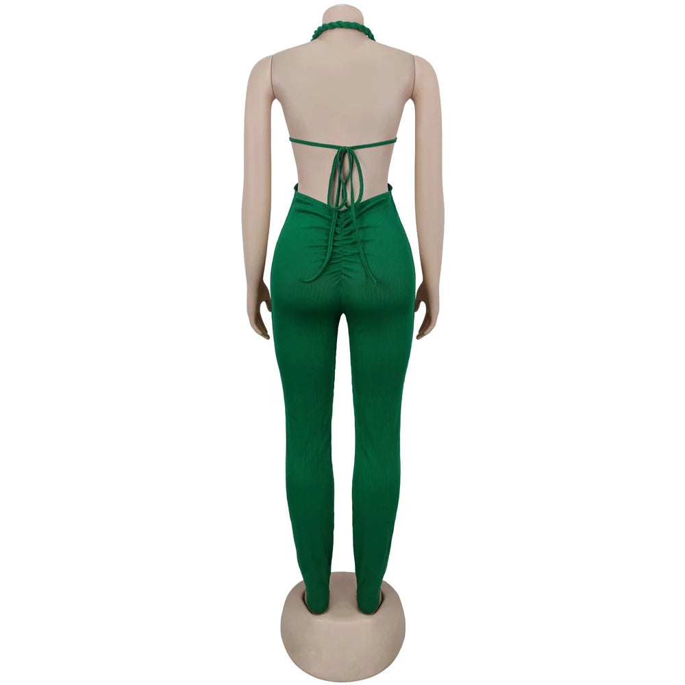 Halter Neck Ribbed Ruched Backless Leggings Jumpsuits (One Piece)
