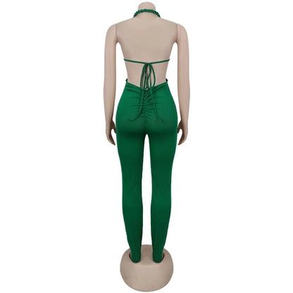 Halter Neck Ribbed Ruched Backless Leggings Jumpsuits (One Piece)